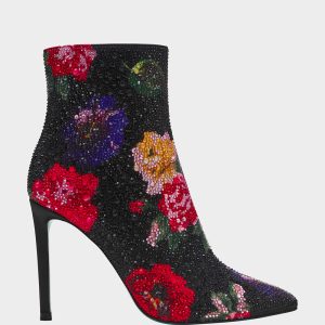 BELLE BLACK FLOWER MULTI Women's Rhinestone Pointed Toe Ankle Bootie
