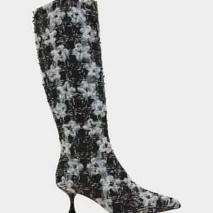 MAXXINE BLACK WHITE MULTI Pointed-Toe Knee-High Kitten Heel Women's Boot