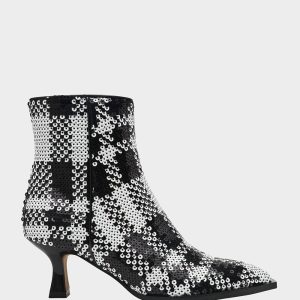 LOUISA BLACK/WHITE PLAID Women's Pointed Toe Kitten Heel Ankle Bootie
