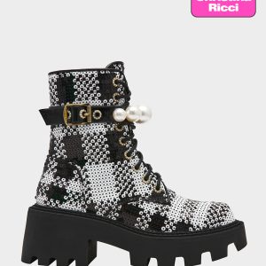 JONNIE BLACK WHITE PLAID Lace-Up Platform Combat Women's Ankle Boot