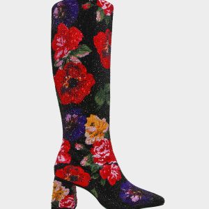 AVON BLACK FLOWER MULTI Women's Knee High Rhinestone Floral Boots