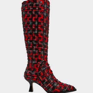 PAMELLA RED PLAID Women's Knee High Kitten Heel Boot with Pointed Toe