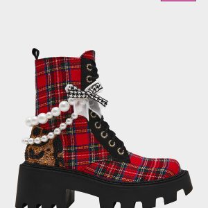 HARIETT RED PLAID Platform Lace-Up Lug Combat Pearl Women's Ankle Boot