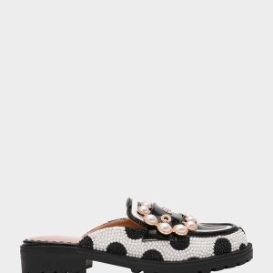 BARTON White/Black Polka Dot Mule Embellished Buckle Lug Women's Loafer