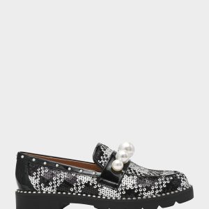 HARLOE BLACK WHITE PLAID Platfrom Pearl Embellished Women's Loafer