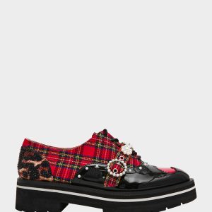 SIMONEE RED PLAID Platform Lace-Up Pearl Embellished Leopard Print Oxford Women's Loafer