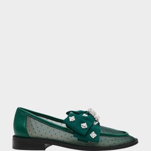 SETH EMERALD Women's Mesh Pearl Bow Slip-On Loafer