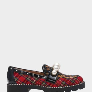 HARLOE RED PLAID Platfrom Pearl Embellished Women's Loafer
