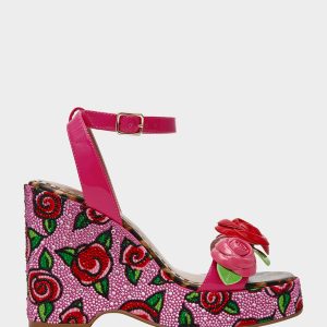 LIZZETE Fuchsia Rose Platform Flowers Embellished Women's Wedge Heel