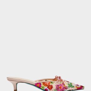 KEELY Nude Floral Pointed-Toe Mule Embellished Women's Kitten Heel