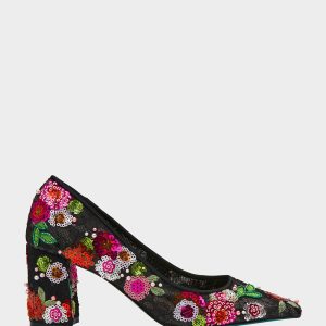 CYRUS Black Floral Pointed-Toe Sequin Embellished Women's Heel