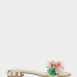 ROSIA Light Gold Flower Embellished Pearl Square-Toe Women's Block Heel