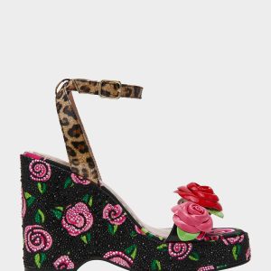 LIZZETE Black Rose Platform Flowers Embellished Women's Wedge Heel