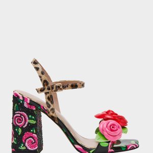 KRYSTLE Black Rose Flower Embellished Women's Block Heel