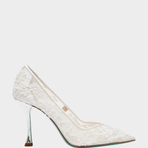 JENII IVORY Pointed-Toe Mesh Embellished Floral Print Pump Women's Heel