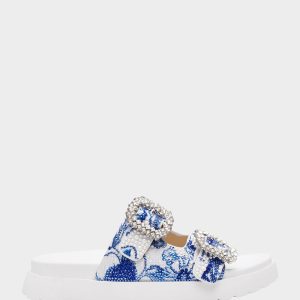 MATIE WHITE BLUE FLORAL Women's Footbed Slip-On Floral Rhinestone Sandal