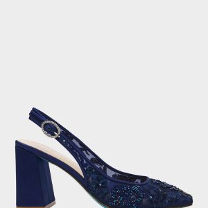 NINAH NAVY Square-Toe Slingback Mesh Block Heels
