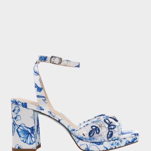 BRODY WHITE/BLUE FLORAL Women's Platform Block Floral Heel with Beaded Embellishments