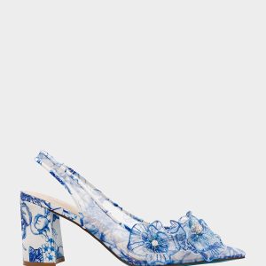 PETRA WHITE/BLUE FLORAL Slingback Floral Mesh Block Heel