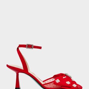 MARK RED Pointed-Toe Mesh Pump Rhinestone Bow Women's Heel