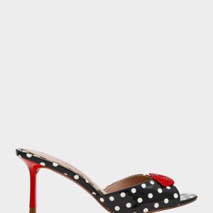 CASIDY WHITE BLACK POLKA DOT Women's Polka Dot Mule Heels with Rhinestone Lip
