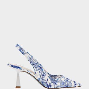 CLARK HEELS WHITE/BLUE FLORAL Women's Sling-Back Mesh Rhinestone Heel