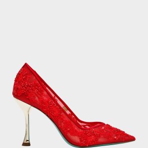 JENII RED Pointed-Toe Mesh Embellished Floral Print Pump Women's Heel