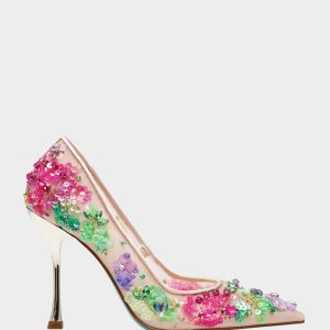 NETTA NUDE MULTI Women's Floral Embellished Nude Mesh High Heel