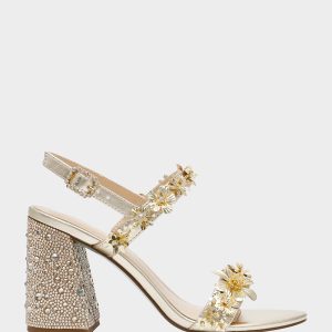DRUE LIGHT GOLD Strappy Open-Toe Rhinestone Embellished Flower Women's Heel