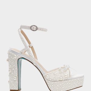 ENOLA PEARL Women's Strappy Block Heel Square-Toe Platform Pearl Embellished Women's Heel