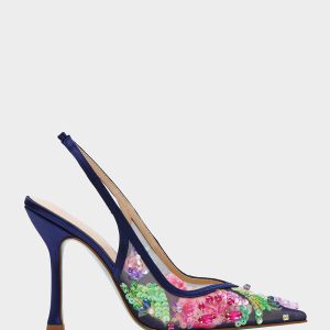 EDDIE NAVY MULTI Women's Floral Embellished Slingback Mesh High Heel