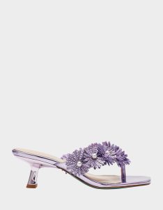 LESLI Purple Women's Square-Toe Mule Kitten Heel Rhinestone Embellished Flower Heel
