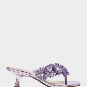 LESLI Purple Women's Square-Toe Mule Kitten Heel Rhinestone Embellished Flower Heel