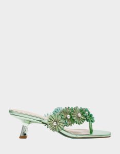 LESLI Mint Women's Square-Toe Mule Kitten Heel Rhinestone Embellished Flower Heel
