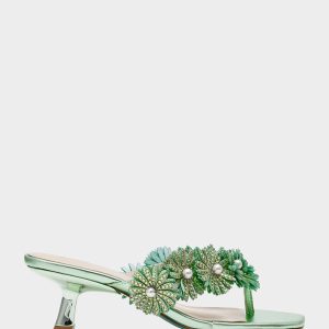 LESLI Mint Women's Square-Toe Mule Kitten Heel Rhinestone Embellished Flower Heel